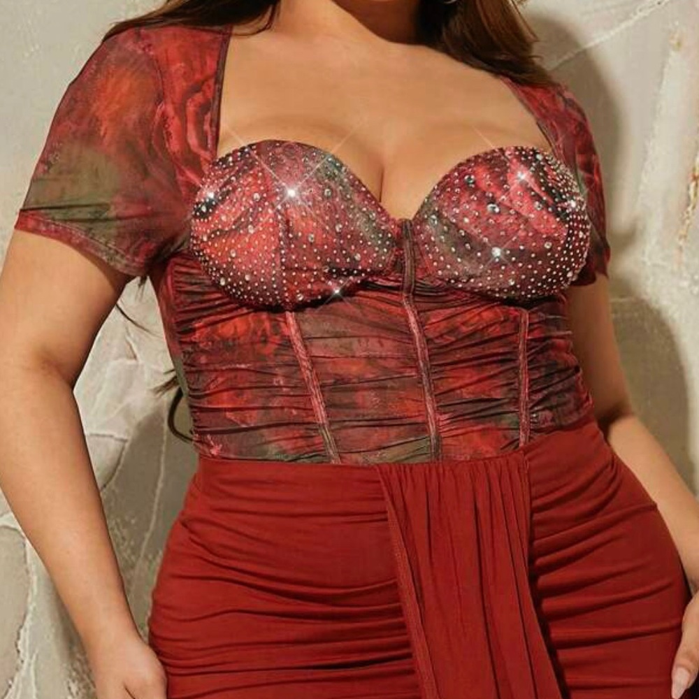 SHEIN SXY Plus Floral Print Ruched Bustier Mesh Top 3XL - Picture 3 of 5